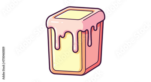 A cute cartoon illustration of a cube dessert with pink dripping glaze. A creative concept of a sweet and tasty snack isolated on a white background