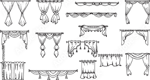 Ornate hand-drawn curtains and drapes vector art, a collection of window treatments and valances.