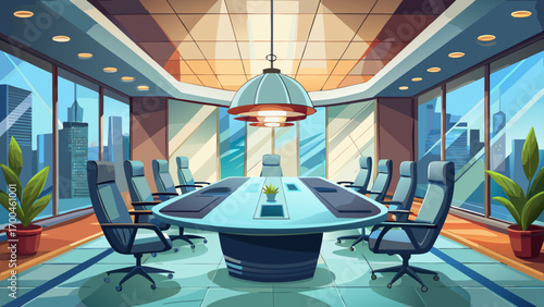 Gorgeous 360-degree panorama of a luxury boardroom, highlighting a long glass conference table, high-back gray chairs, pendant lighting, and floor-to-ceiling windows, blending professionalism with con