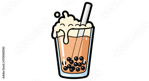 A fun cartoon illustration of a refreshing glass of iced bubble tea, a popular Taiwanese drink concept with chewy tapioca pearls and creamy foam