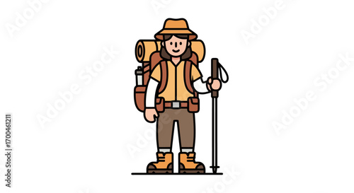 Vector illustration of a female hiker character with a backpack and trekking pole. Woman adventurer exploring the outdoors, concept for travel and tourism