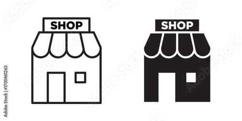 Shop icon. Store icon, market icon. Vector illustration with stroke and fill on a white background.