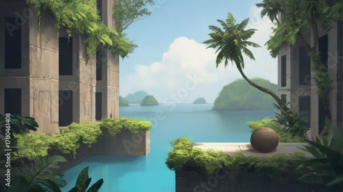 Tropical island scene with lush vegetation and structures