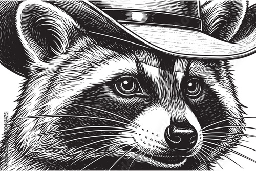 Detailed illustration of a raccoon wearing a cowboy hat isolated on white background, capturing its mischievous expression and intricate fur details in monochrome vector illustration