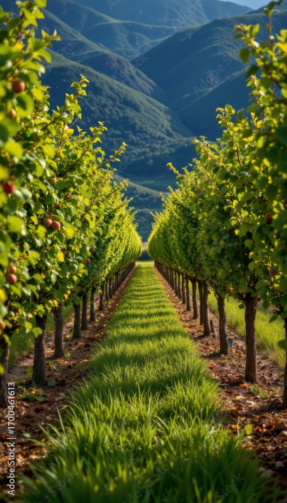 Obraz premium Orchard Row with Mountain Backdrop