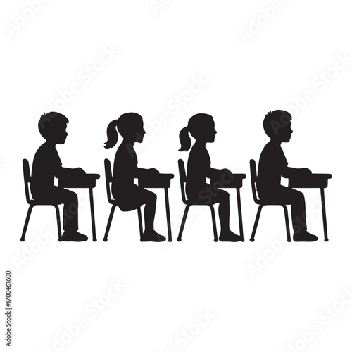 Vector art of silhouettes of students sitting at desks in a classroom