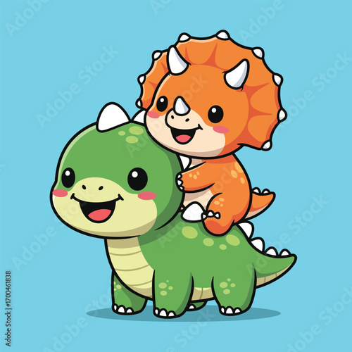 Cute cartoon triceratops riding a friendly dinosaur.