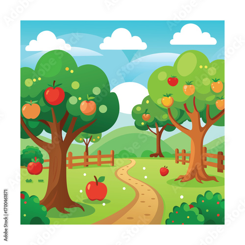 Cartoon Apple Orchard with Green Grass Landscape