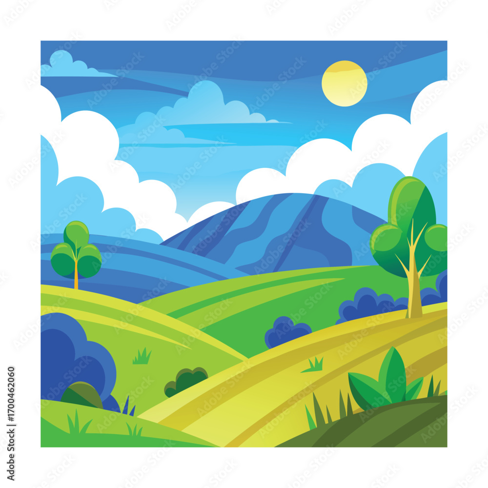 Fototapeta premium Cartoon Blue Sky with Rolling Hills Landscape