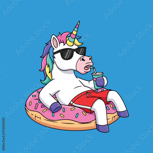 A unicorn wearing sunglasses, relaxing on a donut-shaped inflatable ring, drinking a beverage.