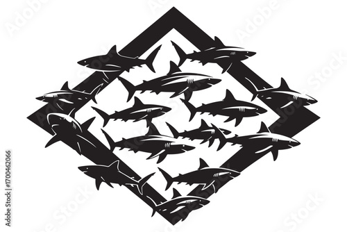 A swarm of sharks arranged in a diamond shape isolated on white background, symbolizing power, unity, and the mysterious allure of the oceans depths vector illustration