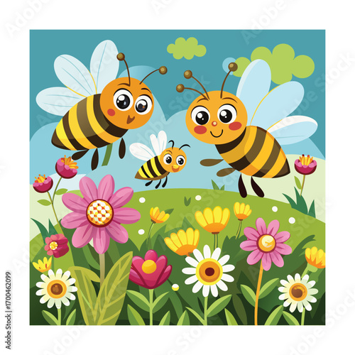 Cartoon Bees in Flower Meadow Artwork