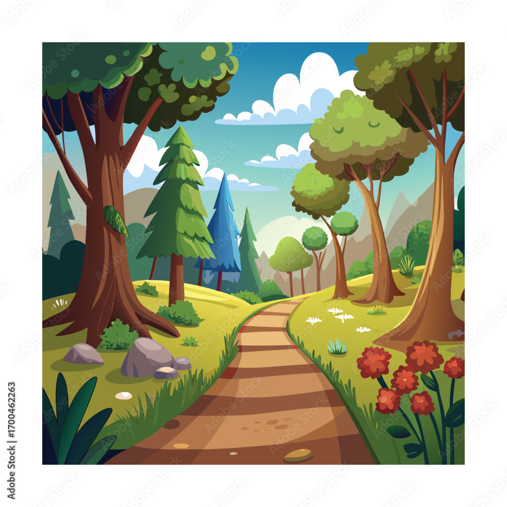 Fototapeta premium Cartoon Countryside Footpath Through Forest Drawing