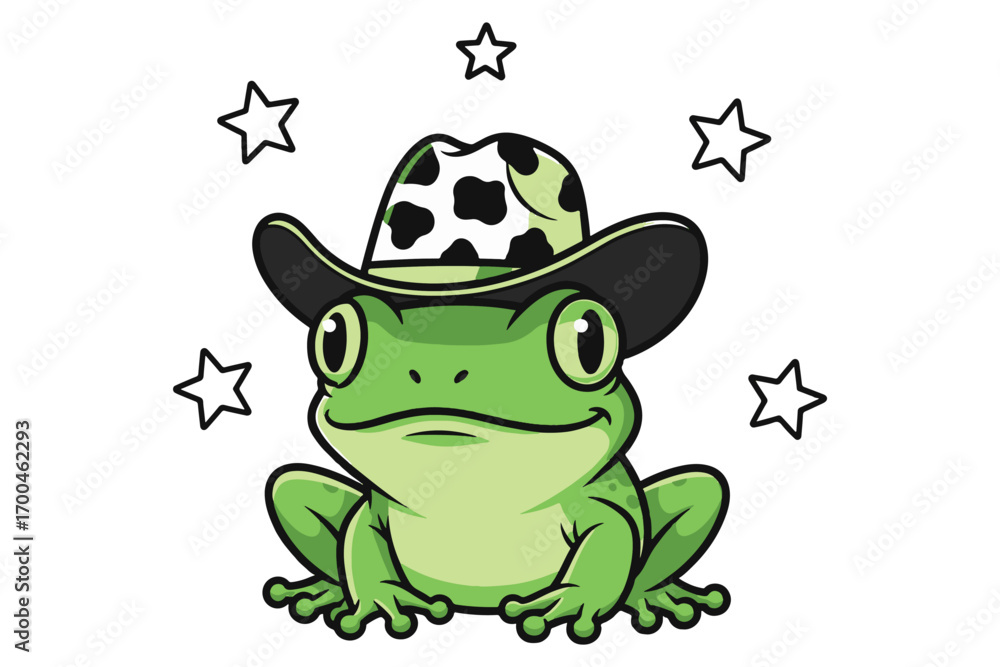 Fototapeta premium A cheerful cartoon frog wearing a cowboy hat isolated on white background, surrounded by stars, creating a whimsical and playful illustration vector illustration