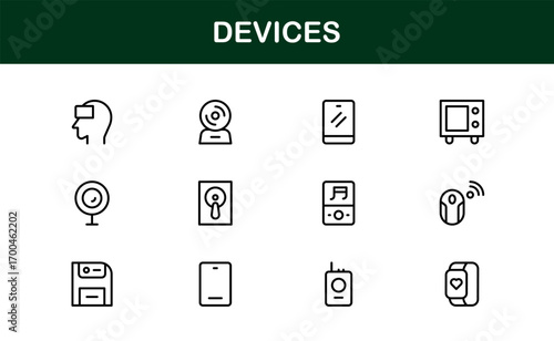 Flat premium devices icons for IT, electronics, and technology branding. Ideal for apps, digital projects, and presentations with modern and professional style.