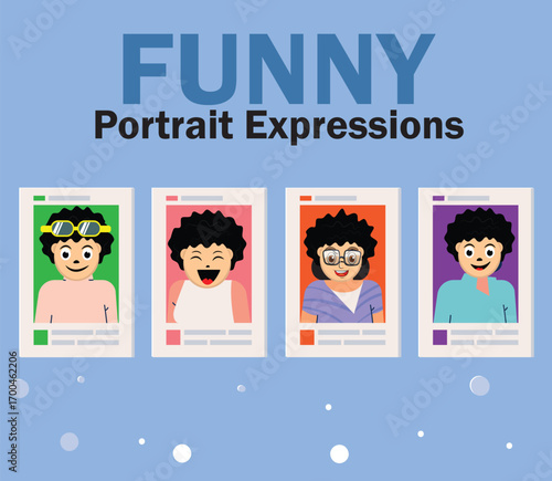Vector illustration of portraits showing different funny expressions and emotions, representing humor, joy, and individuality in modern design.