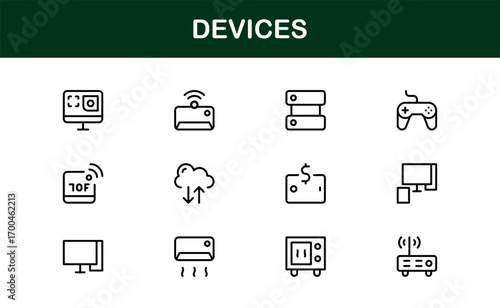 Linear devices icons for digital technology projects. Enhance branding, apps, and websites with professional, premium, and clean electronics visuals.