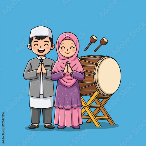 Cartoon of Muslim boy and girl celebrating Eid with a drum.