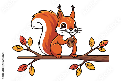 A charming cartoon squirrel sits perched on a branch adorned with autumn leaves, holding an acorn, isolated on white background its bushy tail curls gracefully vector illustration
