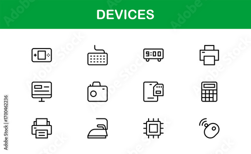 Flat devices icons for electronics and digital technology projects. Perfect for apps, websites, and branding with clean, modern, and professional graphics.