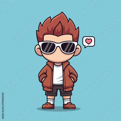 Cute cartoon boy wearing sunglasses and a jacket, expressing affection.
