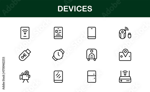 Flat premium devices icons for electronic branding and IT visuals. Perfect for apps, websites, and modern presentations with clean and professional graphics.