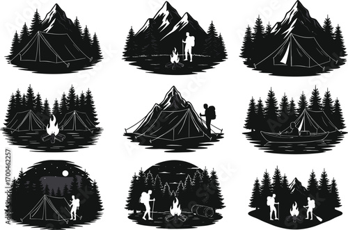 Camping adventure in forest mountains, black and white vector set, hikers, tents, campfire scenes, outdoor nature exploration, wilderness travel illustration bundle