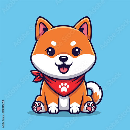 A cute cartoon Shiba Inu puppy sitting happily while wearing a red bandana with a white paw print against a solid blue background.