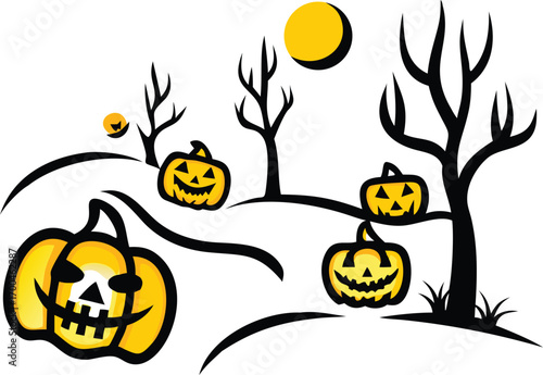 Scary Halloween night illustration with a pumpkin, bats, and a witch's silhouette against an orange moon