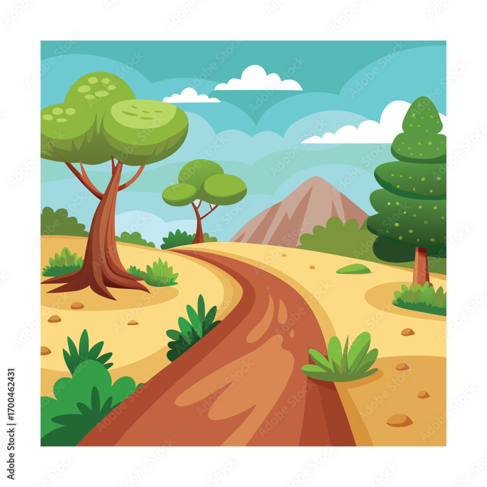 Fototapeta premium Cartoon Dirt Path with Small Bushes Drawing
