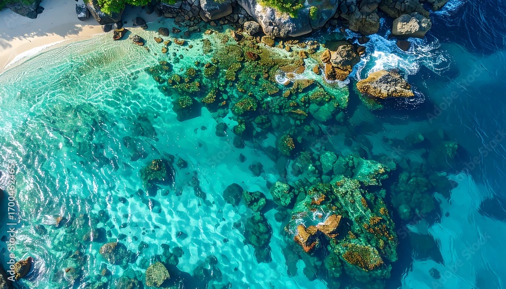 Fototapeta premium A high-angle view of a tranquil turquoise cove, showcasing vibrant underwater rocks and a pristine white-sand beach.