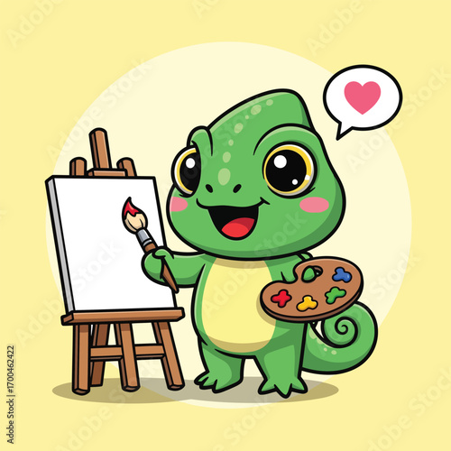 Cute chameleon artist painting on an easel, holding a paintbrush and palette.