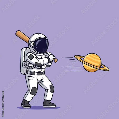 Astronaut hitting planet Saturn with baseball bat.