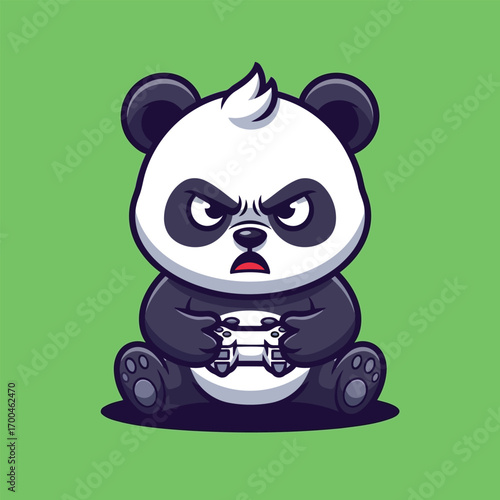Angry panda playing video games with controller.