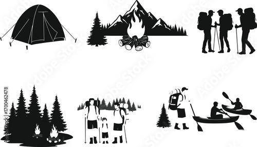 Camping, hiking, kayaking, outdoor adventure, forest travel, tent, campfire, backpackers, nature exploration, wilderness journey, pine trees, mountain landscape, vector illustration