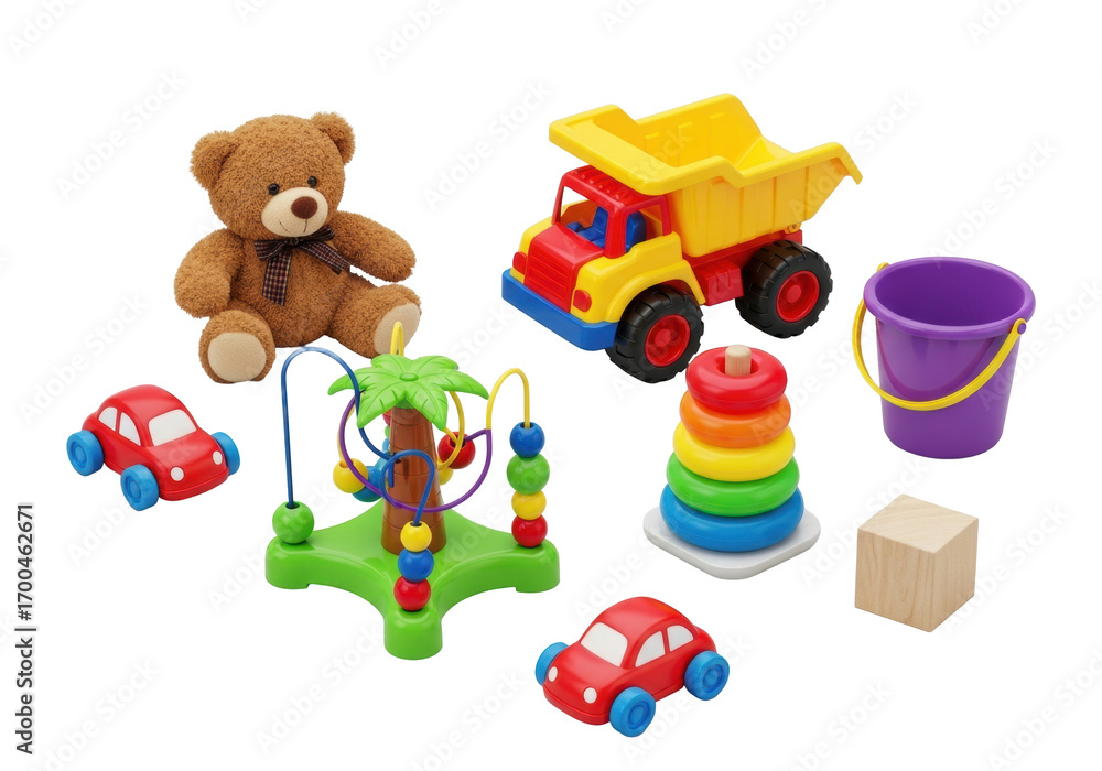 Obraz premium Artfully arranged children's toys: brown teddy bear, dump truck, bead maze, stacking rings, isolated on clean transparent, high-key product concept.