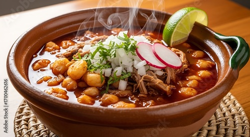 Authentic steamy pozole rojo bowl topped with radishes and lime wedge
