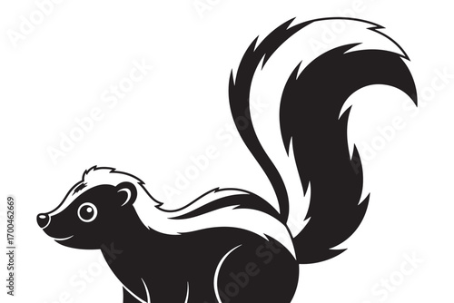 A charming skunk with a bushy tail, isolated on white background, showcasing its distinctive black and white markings in a delightful cartoon style vector illustration
