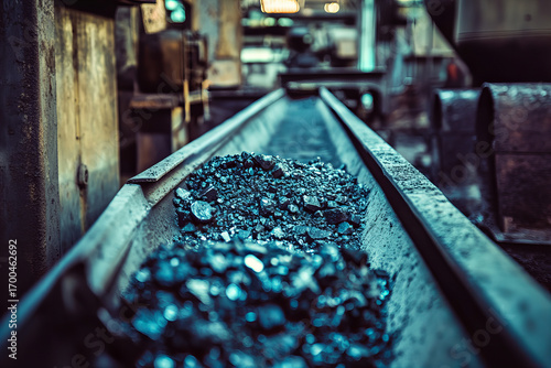 Conveyor belt filled with crushed mineral ore in industrial setting, with machinery and equipment in background, highlighting process of mineral extraction and processing