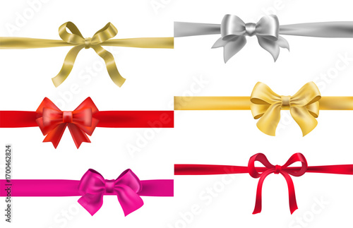 Set of colorful decorative gift bows and ribbons in gold, silver, red, and pink. Realistic satin bow collection for holiday, celebration, and festive design elements.