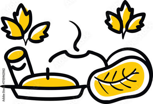A colorful vector art illustration of a hot meal set with a hamburger and tea cup perfect for a restaurant breakfast or dinner