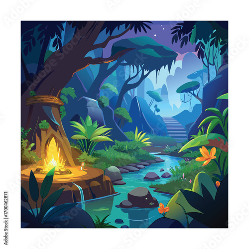 Cartoon Glowing Enchanted Jungle Scene