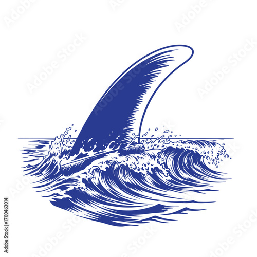 Surfing wave with a surfboard fin in the ocean silhouette vector illustration