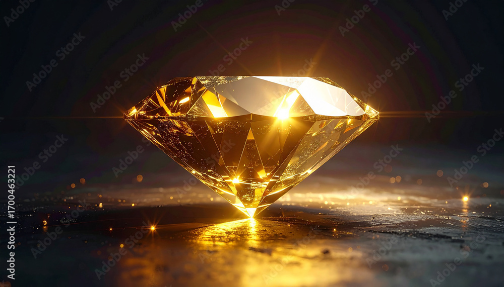 Fototapeta premium Golden diamond shaped object glowing on dark background. Uniqueness and premium value