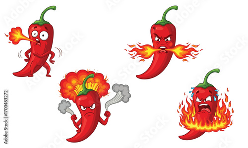 Set of Funny Cartoon Chili Pepper Characters with Various Expressions