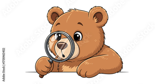 Cartoon bear holding a magnifying glass with a surprised expression looking through the glass at something unseen