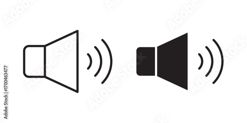 Speaker icon. Megaphone icon set. Electric megaphone symbol with sound. Loudspeaker megaphone. Advertising concept. Vector illustration with stroke and fill on a white background.