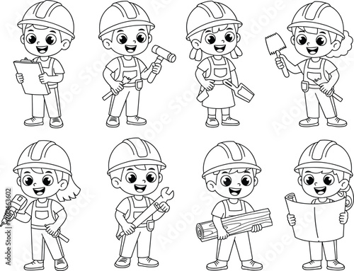 Cute kids wearing construction helmets and overalls holding tools, blueprints, and clipboards, teamwork, building, engineering, construction, safety, happy children