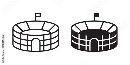 Stadium icon . Arena, building, icon, grandstand, football, soccer, field, spectators . Vector illustration with stroke and fill on a white background.