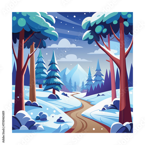Cartoon Winter Woods with Snowy Path Artwork